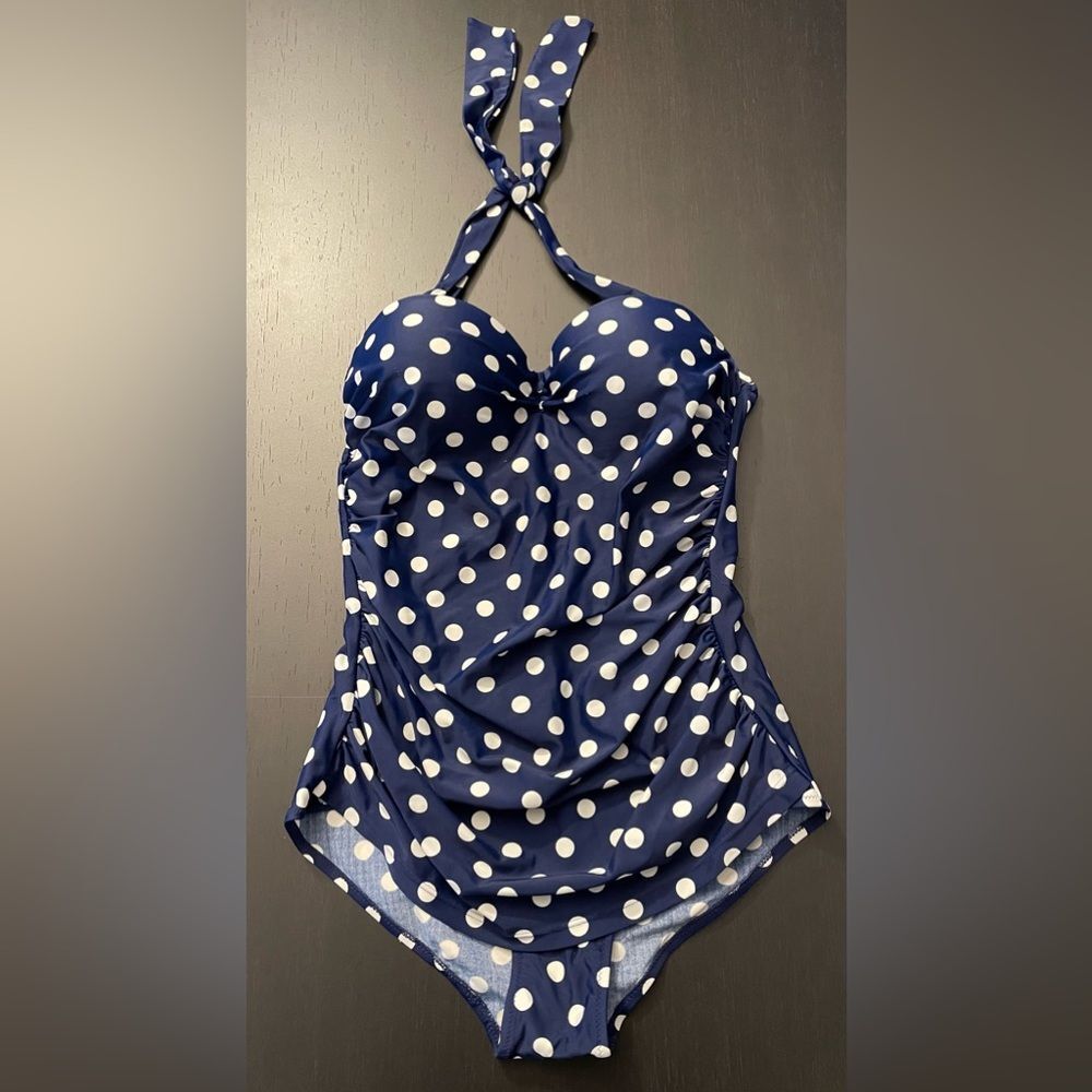 Polka Dot Navy Halter One-Piece Swimsuit